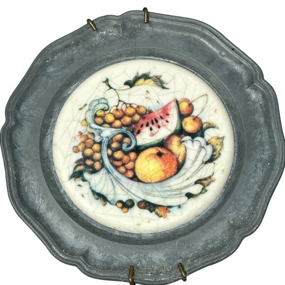Vintage Pewter Coasters Ceramic Fruit Design Inserts Wall Decor Set of 6 READ - Picture 6 of 13